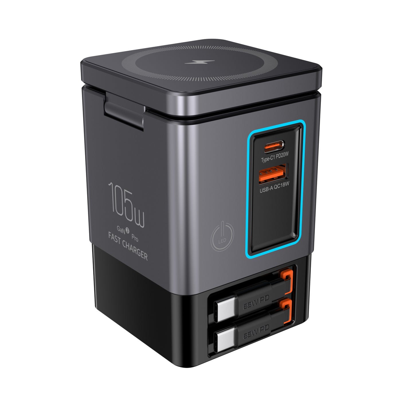 6-in-1 GaNFast 105W Charging Dock with 15W MagSafe Wireless Charger, Dual 65W USB-C Cables, LED Light & Earbuds Pad