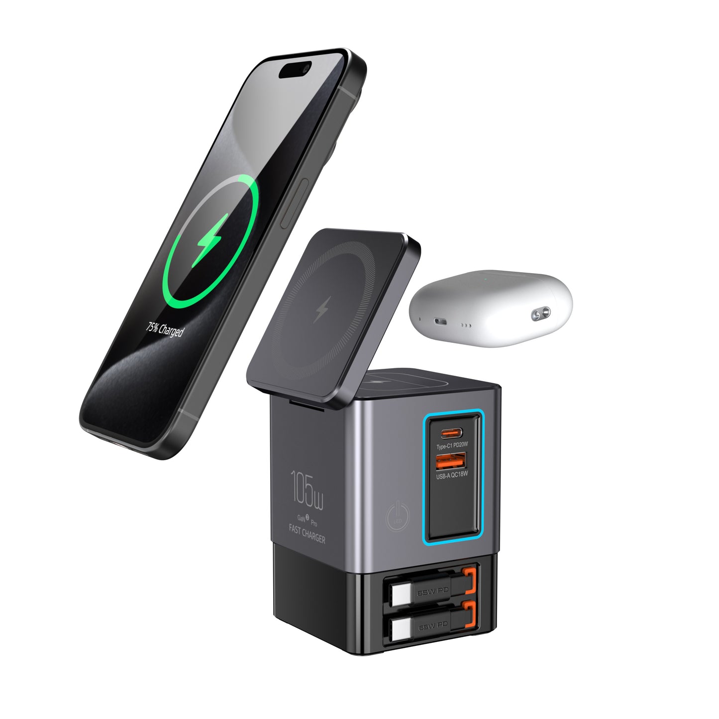 6-in-1 GaNFast 105W Charging Dock with 15W MagSafe Wireless Charger, Dual 65W USB-C Cables, LED Light & Earbuds Pad
