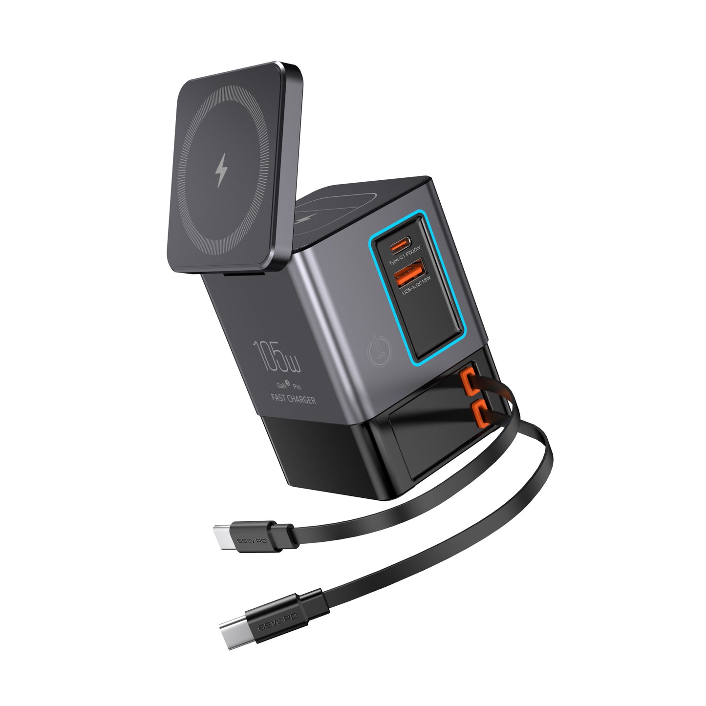 6-in-1 GaNFast 105W Charging Dock with 15W MagSafe Wireless Charger, Dual 65W USB-C Cables, LED Light & Earbuds Pad