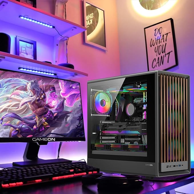 GAMEON TIMBERI Midnight Series ARGB Gaming Case – Mid Tower | 7× Pre-Installed ARGB+PWM Fans | Wood-Texture Panels | Tempered Glass | Supports ATX/M-ATX/ITX | 420mm GPU Compatibility – Wood/Black