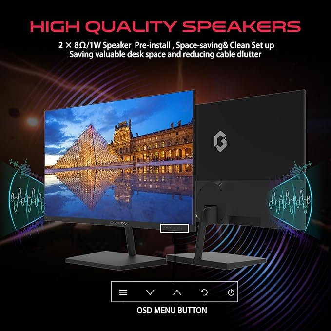 GAMEON 27 Inch Office and Gaming Monitor Flat Full HD 1920x1080 100Hz Display with 5ms Response Time, Adaptive Sync, Built-In Speakers, HDMI VGA Connectivity, Ultra Slim Design – Black