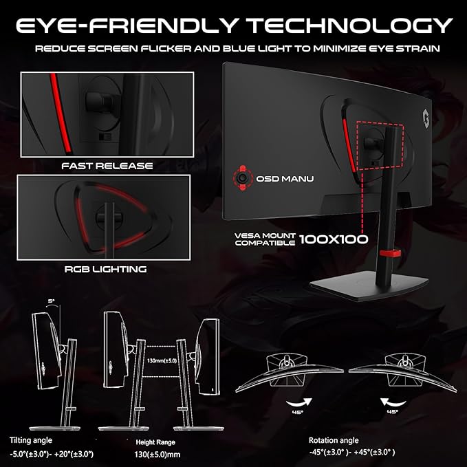 GAMEON 34-Inch Curved WQHD 2K Gaming Monitor – 180 Hz, 0.5 ms MPRT, Fast VA Panel (1500R), HDR10, HDMI 2.1, FreeSync & G‑Sync Compatible – Computer Monitor for PC & PS5 - Black