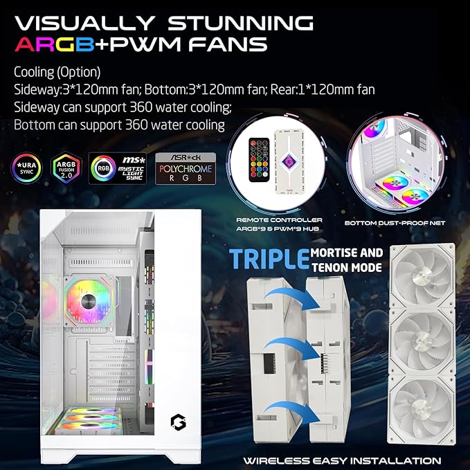 GAMEON Valkyrie I Series Mid Tower Gaming Case, ARGB+PWM Lighting, 0.8mm Tempered Glass Panel, Wide Motherboard Compatibility, Dust Filters, 360mm Water Cooling System, Durable and Aesthetic