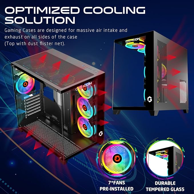 GAMEON Emperor Midnight Series Mid Tower PC Gaming Case, 120mm ARGB+PWM Lighting, Tempered Glass, Pre-installed Cooling RGB Fans Computer case, Dust Filters, Wide Motherboard Compatibility, Black