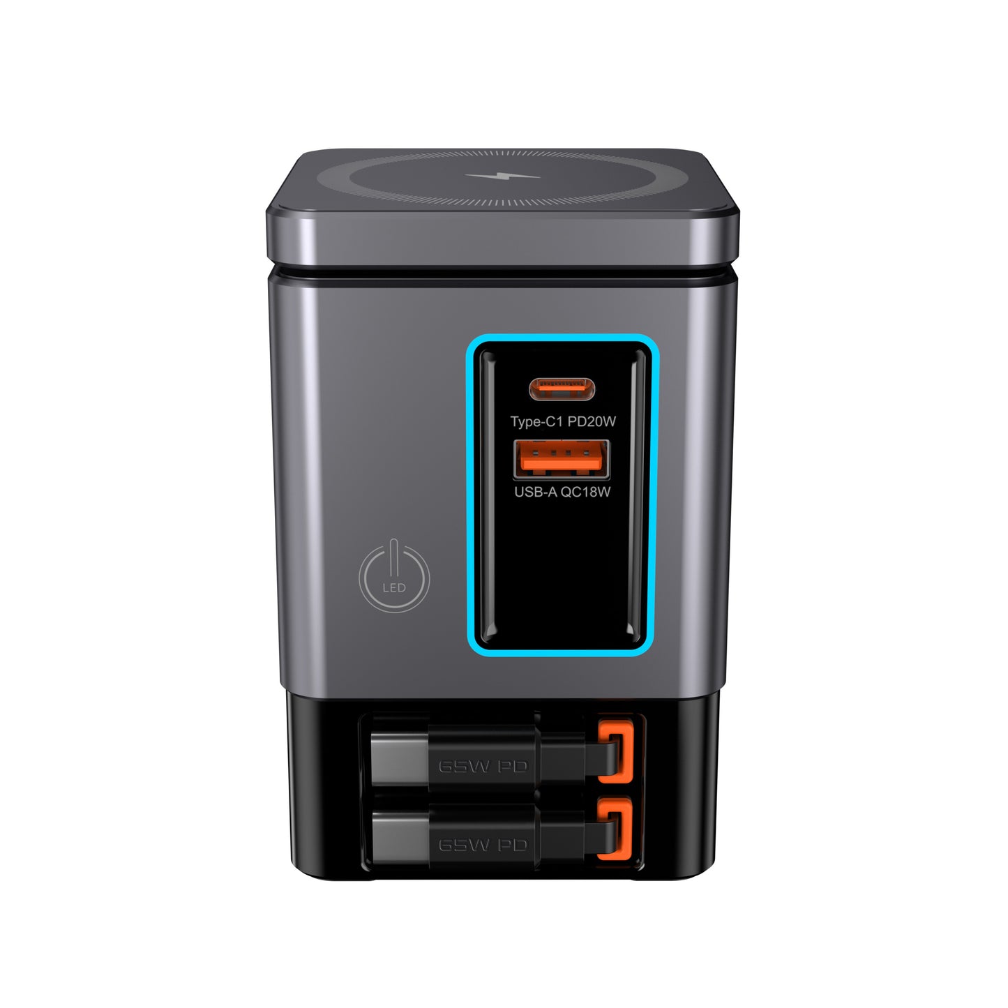 6-in-1 GaNFast 105W Charging Dock with 15W MagSafe Wireless Charger, Dual 65W USB-C Cables, LED Light & Earbuds Pad