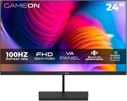 GAMEON 24 Inch Office Monitor and Gaming Monitor Full HD 1920x1080 with Adaptive‑Sync, Eye‑Care Anti‑Glare Panel, Built‑In Speakers, HDMI & VGA Connectivity, Ergonomic Tilt, for PC and Console – Black