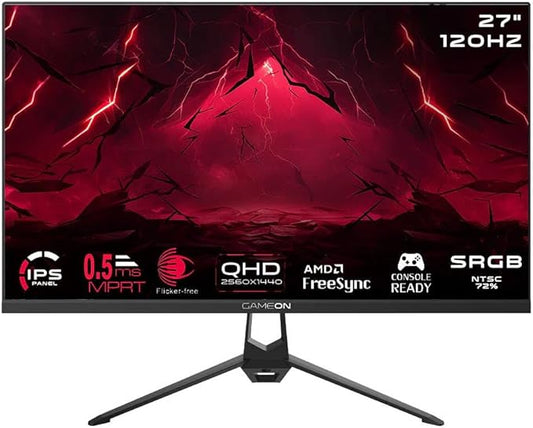 GAMEON 27 Inch 2K QHD Gaming Monitor 2560x1440 Resolution Fast IPS Panel 120Hz Refresh Rate 0.5ms Response Time Adaptive Sync HDMI 2.1 PC and Console Monitor
