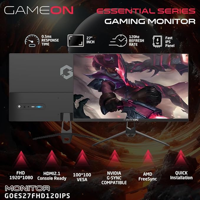 GAMEON 27 Inch Gaming & Office Monitor Full HD 1080p, 120Hz Fast IPS, 0.5ms MPRT, HDMI 2.1, Adaptive-Sync, Built-in Speakers, VESA Mount, PS5 / PC & Productivity Ready