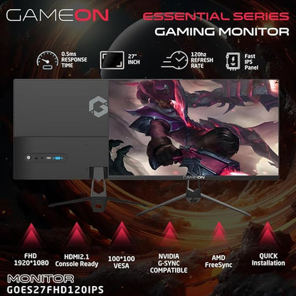 GAMEON 27 Inch Gaming & Office Monitor Full HD 1080p, 120Hz Fast IPS, 0.5ms MPRT, HDMI 2.1, Adaptive-Sync, Built-in Speakers, VESA Mount, PS5 / PC & Productivity Ready