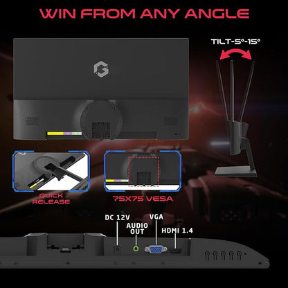 GAMEON 27 Inch Office and Gaming Monitor Flat Full HD 1920x1080 100Hz Display with 5ms Response Time, Adaptive Sync, Built-In Speakers, HDMI VGA Connectivity, Ultra Slim Design – Black