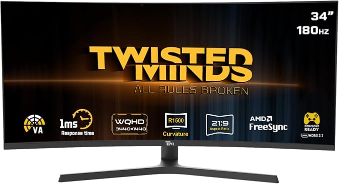 Twisted Minds TM34CWQHDVA 34-Inch Ultra-Wide Curved Gaming Monitor – WQHD 3440×1440, 180 Hz, 1 ms (OD), HDR10, 1500R Curvature, FreeSync & G-Sync Compatible, Dual HDMI 2.1, DisplayPort, Built In Speakers