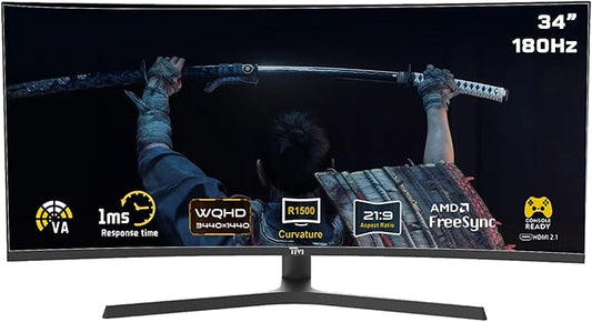 Twisted Minds TM34CWQHDVA 34-Inch Ultra-Wide Curved Gaming Monitor – WQHD 3440×1440, 180 Hz, 1 ms (OD), HDR10, 1500R Curvature, FreeSync & G-Sync Compatible, Dual HDMI 2.1, DisplayPort, Built In Speakers