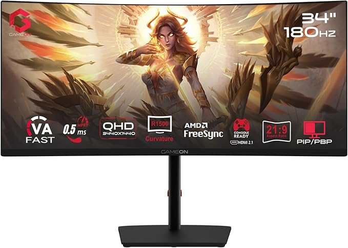 GAMEON 34-Inch Curved WQHD 2K Gaming Monitor – 180 Hz, 0.5 ms MPRT, Fast VA Panel (1500R), HDR10, HDMI 2.1, FreeSync & G‑Sync Compatible – Computer Monitor for PC & PS5 - Black