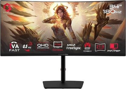 GAMEON 34-Inch Curved WQHD 2K Gaming Monitor – 180 Hz, 0.5 ms MPRT, Fast VA Panel (1500R), HDR10, HDMI 2.1, FreeSync & G‑Sync Compatible – Computer Monitor for PC & PS5 - Black