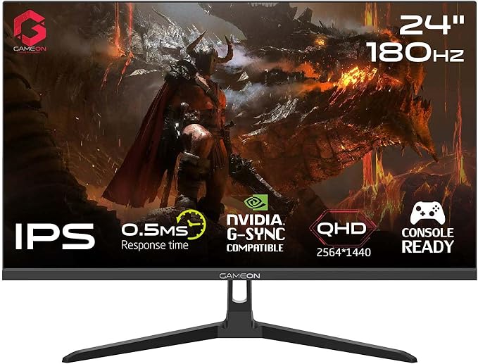 GAMEON 24 Inch 2K QHD Gaming Monitor Fast IPS 2560x1440 Display 180Hz Smooth Performance 0.5ms Adaptive Sync HDMI 2.1 Ideal for PC Console Gaming and Daily Use