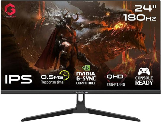 GAMEON 24 Inch 2K QHD Gaming Monitor Fast IPS 2560x1440 Display 180Hz Smooth Performance 0.5ms Adaptive Sync HDMI 2.1 Ideal for PC Console Gaming and Daily Use