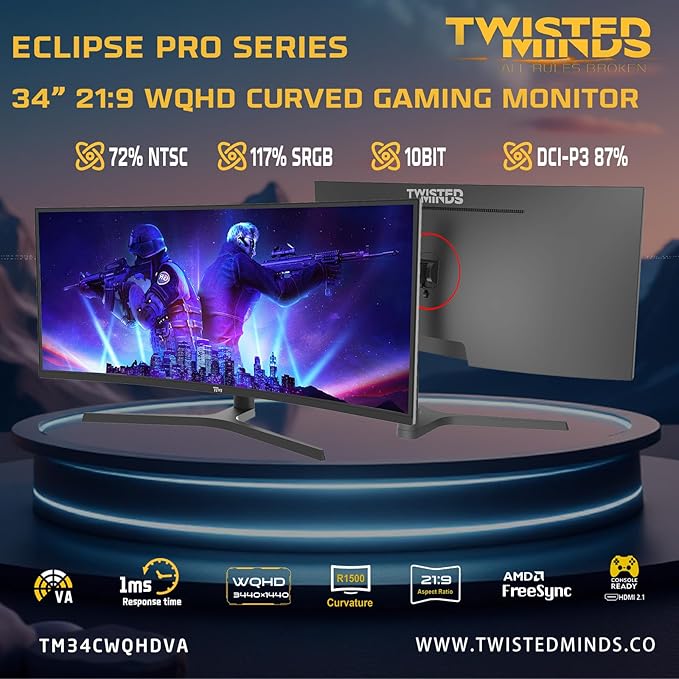 Twisted Minds TM34CWQHDVA 34-Inch Ultra-Wide Curved Gaming Monitor – WQHD 3440×1440, 180 Hz, 1 ms (OD), HDR10, 1500R Curvature, FreeSync & G-Sync Compatible, Dual HDMI 2.1, DisplayPort, Built In Speakers