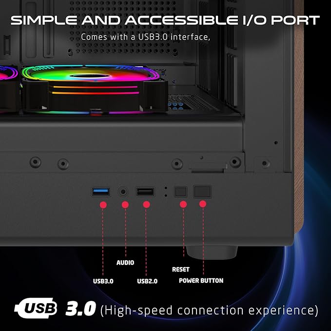 GAMEON TIMBER Midnight Series ARGB Gaming Case – Mid Tower | 7× Pre-Installed ARGB+PWM Fans | Wood-Texture Panels | 3mm Tempered Glass | ATX/M-ATX/ITX Support | 420mm GPU Compatibility – Wood/Black