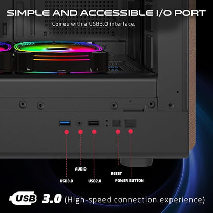 GAMEON TIMBER Midnight Series ARGB Gaming Case – Mid Tower | 7× Pre-Installed ARGB+PWM Fans | Wood-Texture Panels | 3mm Tempered Glass | ATX/M-ATX/ITX Support | 420mm GPU Compatibility – Wood/Black