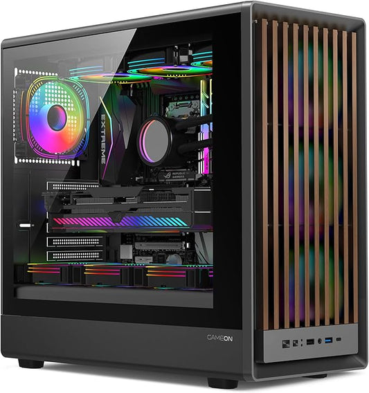 GAMEON TIMBERI Midnight Series ARGB Gaming Case – Mid Tower | 7× Pre-Installed ARGB+PWM Fans | Wood-Texture Panels | Tempered Glass | Supports ATX/M-ATX/ITX | 420mm GPU Compatibility – Wood/Black