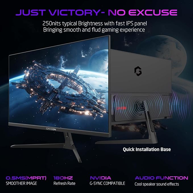 GAMEON 24 Inch 2K QHD Gaming Monitor Fast IPS 2560x1440 Display 180Hz Smooth Performance 0.5ms Adaptive Sync HDMI 2.1 Ideal for PC Console Gaming and Daily Use