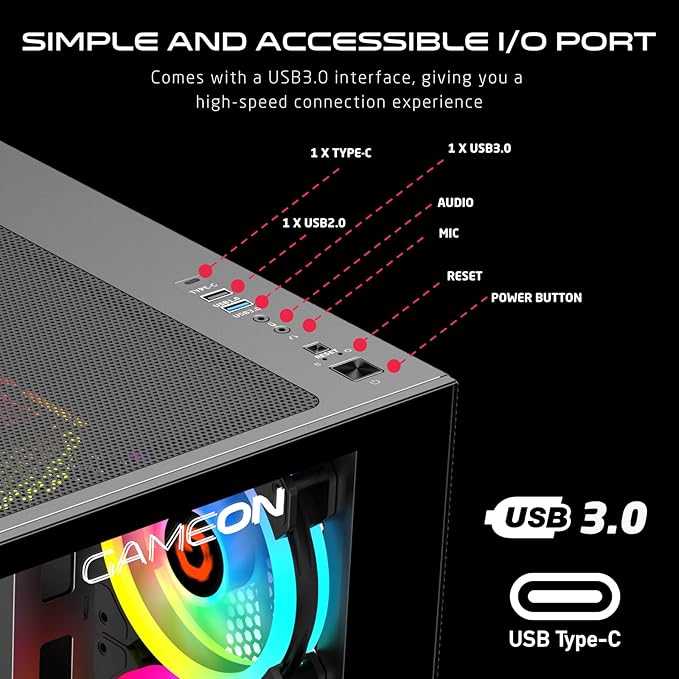 GAMEON Emperor Midnight Series Mid Tower PC Gaming Case, 120mm ARGB+PWM Lighting, Tempered Glass, Pre-installed Cooling RGB Fans Computer case, Dust Filters, Wide Motherboard Compatibility, Black