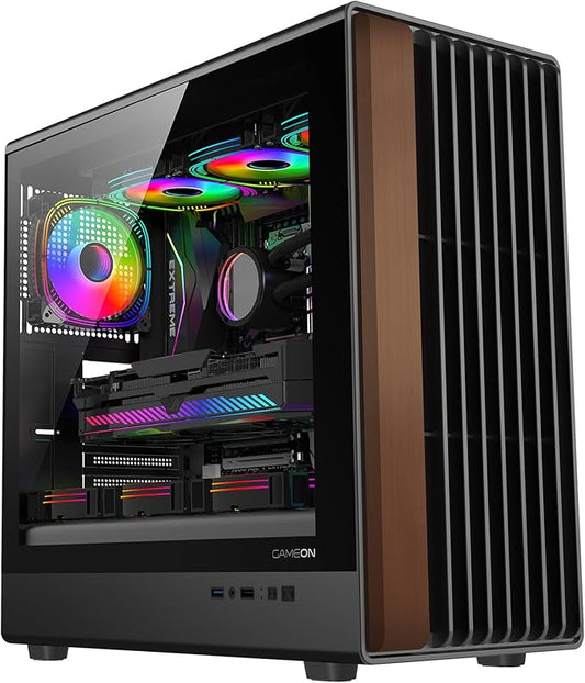 GAMEON TIMBER Midnight Series ARGB Gaming Case – Mid Tower | 7× Pre-Installed ARGB+PWM Fans | Wood-Texture Panels | 3mm Tempered Glass | ATX/M-ATX/ITX Support | 420mm GPU Compatibility – Wood/Black