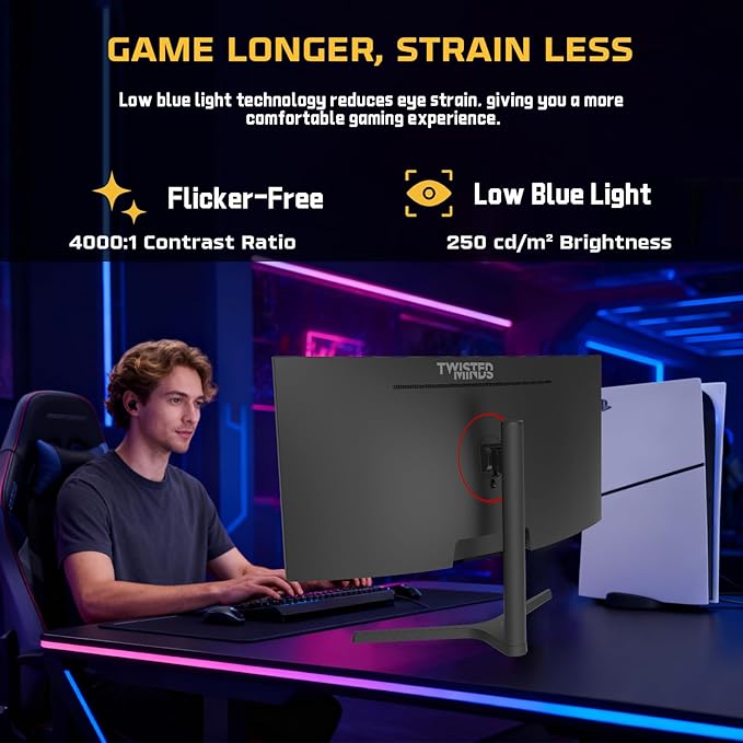 Twisted Minds TM34CWQHDVA 34-Inch Ultra-Wide Curved Gaming Monitor – WQHD 3440×1440, 180 Hz, 1 ms (OD), HDR10, 1500R Curvature, FreeSync & G-Sync Compatible, Dual HDMI 2.1, DisplayPort, Built In Speakers