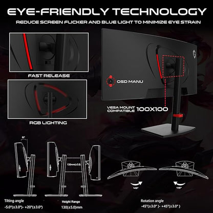 GAMEON 34-Inch Curved WQHD 2K Gaming Monitor – 180 Hz, 0.5 ms MPRT, Fast VA Panel (1500R), HDR10, HDMI 2.1, FreeSync & G‑Sync Compatible – Computer Monitor for PC & PS5 - Black