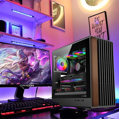 GAMEON TIMBER Midnight Series ARGB Gaming Case – Mid Tower | 7× Pre-Installed ARGB+PWM Fans | Wood-Texture Panels | 3mm Tempered Glass | ATX/M-ATX/ITX Support | 420mm GPU Compatibility – Wood/Black