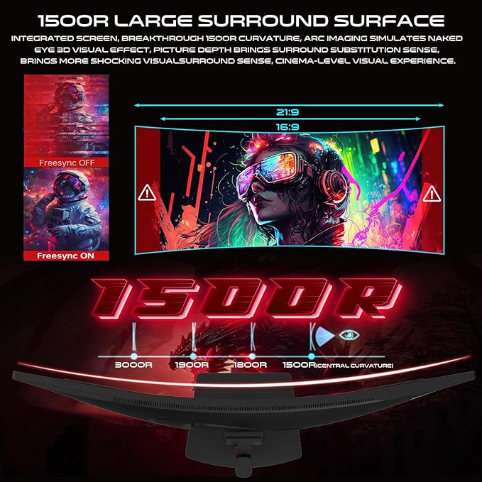 GAMEON 34-Inch Curved WQHD 2K Gaming Monitor – 180 Hz, 0.5 ms MPRT, Fast VA Panel (1500R), HDR10, HDMI 2.1, FreeSync & G‑Sync Compatible – Computer Monitor for PC & PS5 - Black