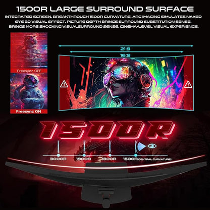 GAMEON 34-Inch Curved WQHD 2K Gaming Monitor – 180 Hz, 0.5 ms MPRT, Fast VA Panel (1500R), HDR10, HDMI 2.1, FreeSync & G‑Sync Compatible – Computer Monitor for PC & PS5 - Black