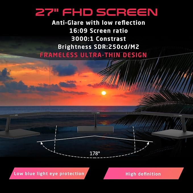 GAMEON 27 Inch Office and Gaming Monitor Flat Full HD 1920x1080 100Hz Display with 5ms Response Time, Adaptive Sync, Built-In Speakers, HDMI VGA Connectivity, Ultra Slim Design – Black