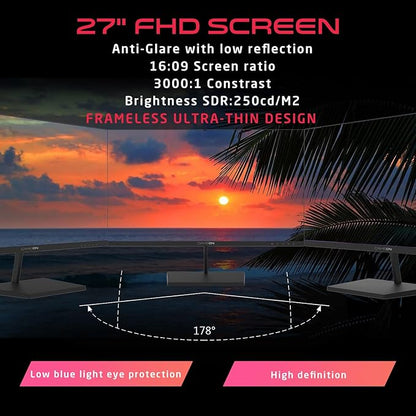 GAMEON 27 Inch Office and Gaming Monitor Flat Full HD 1920x1080 100Hz Display with 5ms Response Time, Adaptive Sync, Built-In Speakers, HDMI VGA Connectivity, Ultra Slim Design – Black