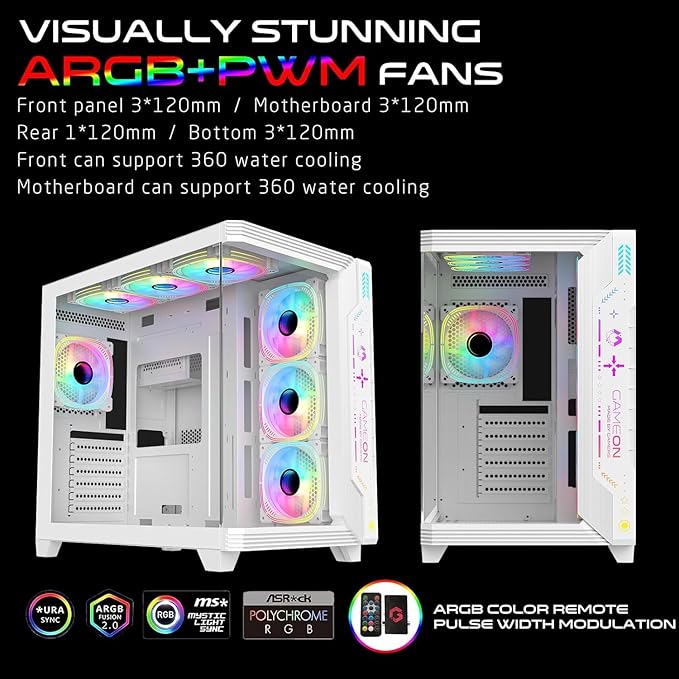 GAMEON Pulse Series Gaming PC Case – ATX/M-ATX/ITX Support, Tempered Glass, ARGB+PWM Lighting, Pre-Installed 7 Fans, 360mm Water Cooling Ready