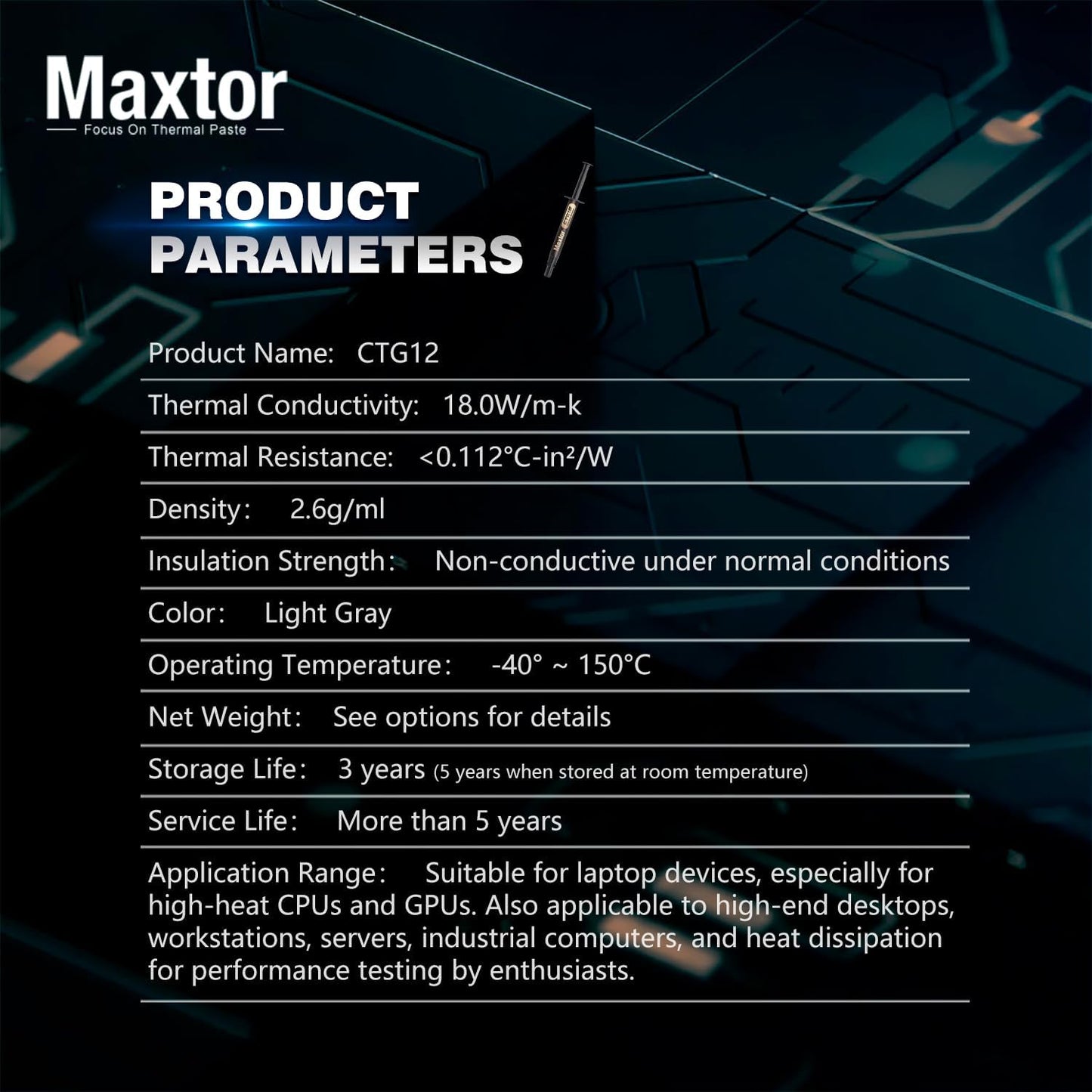 Maxtor CTG12 High Performance Thermal Paste (18 W/m.K) – Non-Conductive CPU & GPU Cooling Compound for PC, PS5, Xbox & Laptops (2g Kit)
