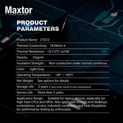 Maxtor CTG12 High Performance Thermal Paste (18 W/m.K) – Non-Conductive CPU & GPU Cooling Compound for PC, PS5, Xbox & Laptops (2g Kit)