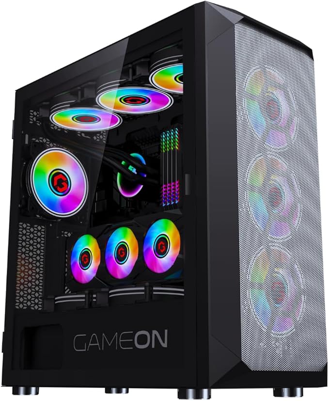 GAMEON Emperor Midnight Series Mid Tower PC Gaming Case, 120mm ARGB+PWM Lighting, Tempered Glass, Pre-installed Cooling RGB Fans Computer case, Dust Filters, Wide Motherboard Compatibility, Black