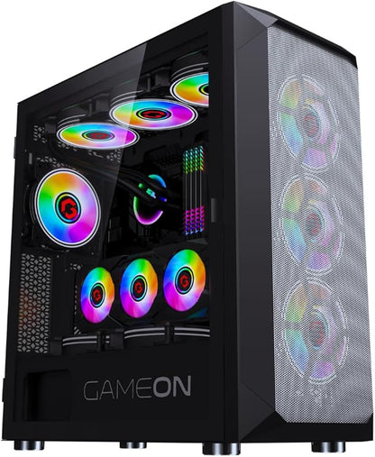 GAMEON Emperor Midnight Series Mid Tower PC Gaming Case, 120mm ARGB+PWM Lighting, Tempered Glass, Pre-installed Cooling RGB Fans Computer case, Dust Filters, Wide Motherboard Compatibility, Black