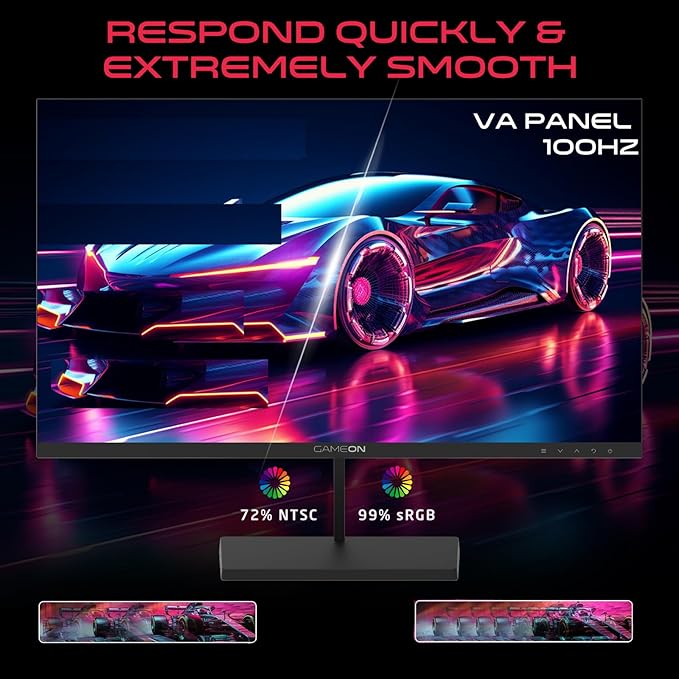GAMEON 27 Inch Office and Gaming Monitor Flat Full HD 1920x1080 100Hz Display with 5ms Response Time, Adaptive Sync, Built-In Speakers, HDMI VGA Connectivity, Ultra Slim Design – Black