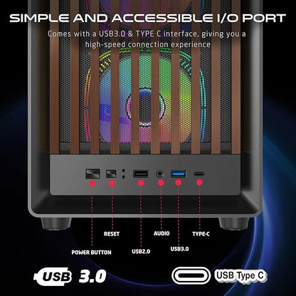 GAMEON TIMBERI Midnight Series ARGB Gaming Case – Mid Tower | 7× Pre-Installed ARGB+PWM Fans | Wood-Texture Panels | Tempered Glass | Supports ATX/M-ATX/ITX | 420mm GPU Compatibility – Wood/Black