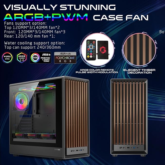 GAMEON TIMBERI Midnight Series ARGB Gaming Case – Mid Tower | 7× Pre-Installed ARGB+PWM Fans | Wood-Texture Panels | Tempered Glass | Supports ATX/M-ATX/ITX | 420mm GPU Compatibility – Wood/Black