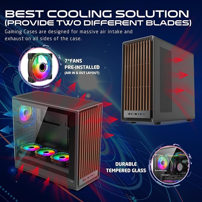 GAMEON TIMBERI Midnight Series ARGB Gaming Case – Mid Tower | 7× Pre-Installed ARGB+PWM Fans | Wood-Texture Panels | Tempered Glass | Supports ATX/M-ATX/ITX | 420mm GPU Compatibility – Wood/Black