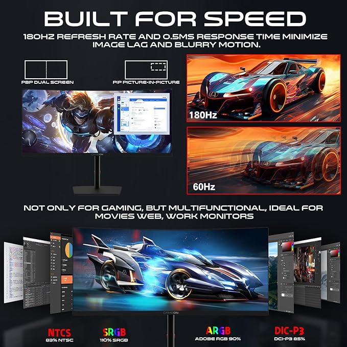 GAMEON 34-Inch Curved WQHD 2K Gaming Monitor – 180 Hz, 0.5 ms MPRT, Fast VA Panel (1500R), HDR10, HDMI 2.1, FreeSync & G‑Sync Compatible – Computer Monitor for PC & PS5 - Black