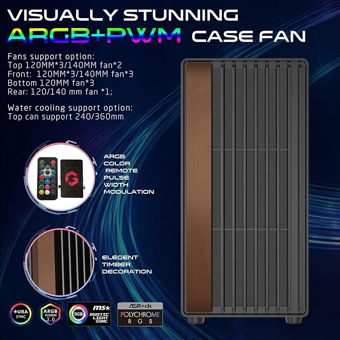 GAMEON TIMBER Midnight Series ARGB Gaming Case – Mid Tower | 7× Pre-Installed ARGB+PWM Fans | Wood-Texture Panels | 3mm Tempered Glass | ATX/M-ATX/ITX Support | 420mm GPU Compatibility – Wood/Black