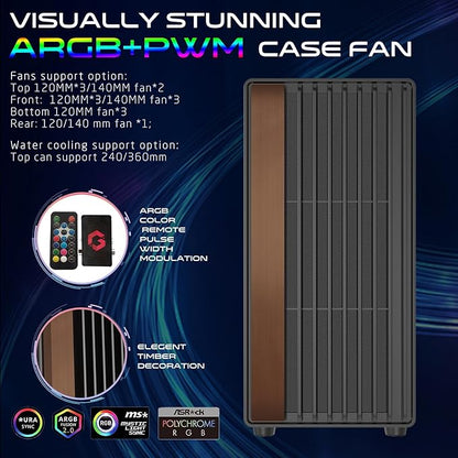 GAMEON TIMBER Midnight Series ARGB Gaming Case – Mid Tower | 7× Pre-Installed ARGB+PWM Fans | Wood-Texture Panels | 3mm Tempered Glass | ATX/M-ATX/ITX Support | 420mm GPU Compatibility – Wood/Black