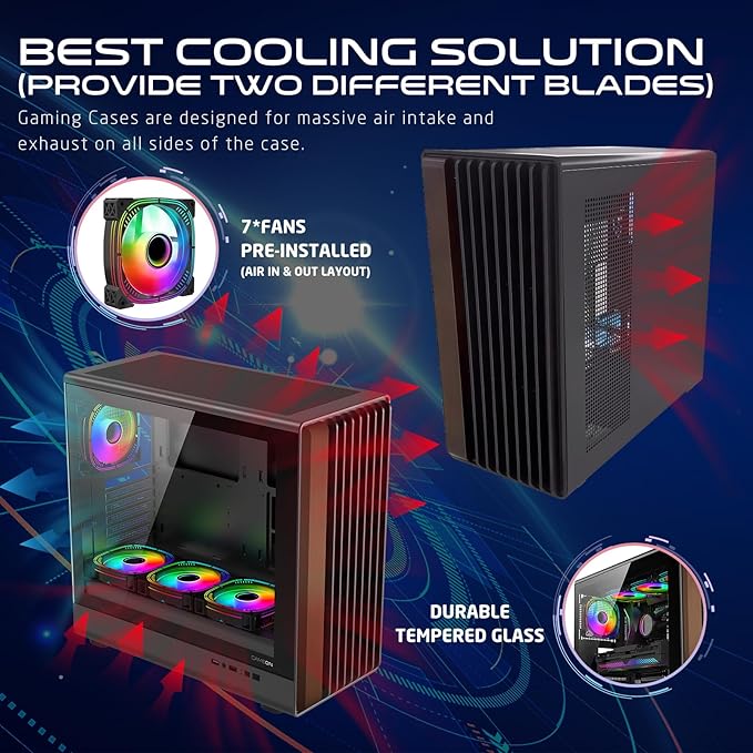 GAMEON TIMBER Midnight Series ARGB Gaming Case – Mid Tower | 7× Pre-Installed ARGB+PWM Fans | Wood-Texture Panels | 3mm Tempered Glass | ATX/M-ATX/ITX Support | 420mm GPU Compatibility – Wood/Black
