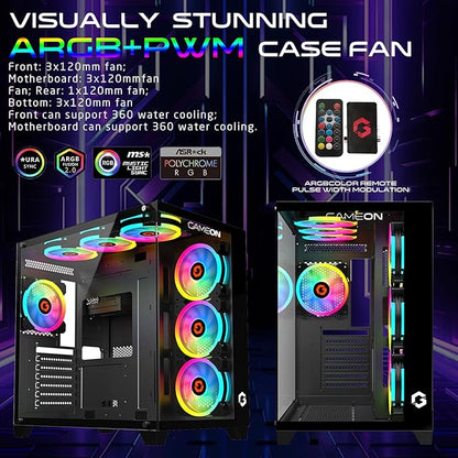 GAMEON Emperor Midnight Series Mid Tower PC Gaming Case, 120mm ARGB+PWM Lighting, Tempered Glass, Pre-installed Cooling RGB Fans Computer case, Dust Filters, Wide Motherboard Compatibility, Black