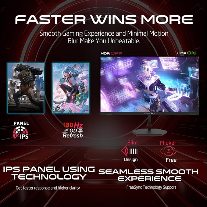 GAMEON 27 Inch QHD 2K Gaming Monitor 2560x1440 IPS Panel 180Hz Refresh Rate 1ms Response Time HDMI 2.1 HDR Adaptive Sync PC & Console Ready