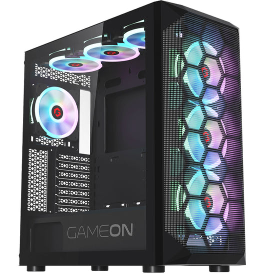 GAMEON Emperor Midnight Series Mid Tower PC Gaming Case, 120mm ARGB+PWM Lighting, Tempered Glass, Pre-installed Cooling RGB Fans Computer case, Dust Filters, Wide Motherboard Compatibility, Black